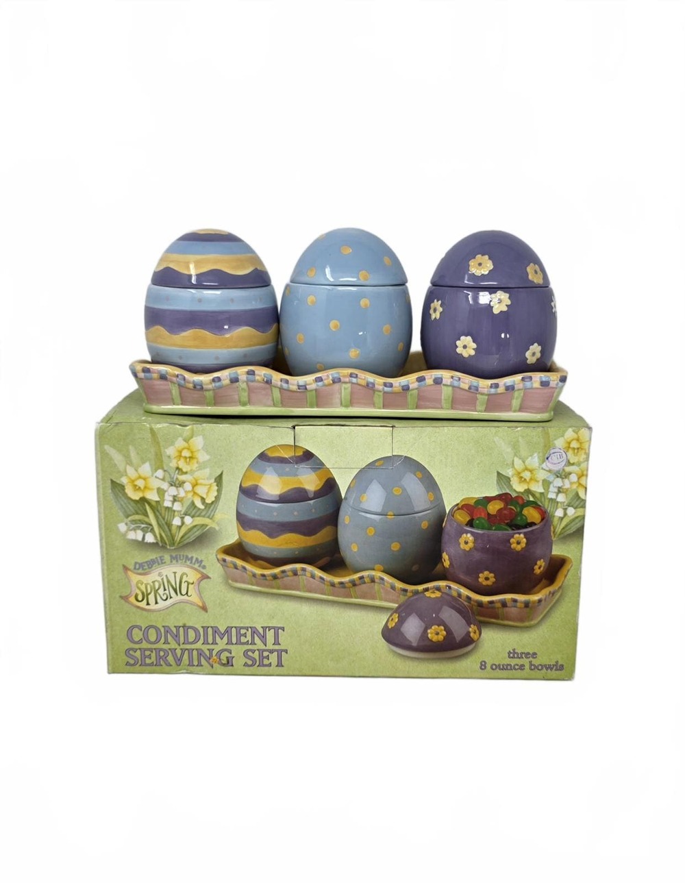 Debbie Mumm Easter Egg Condiment Set 3 Covered Bowls Tray Original Box